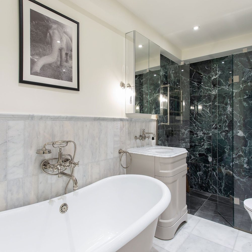 Master bathroom with marble tiles in London E1 renovation