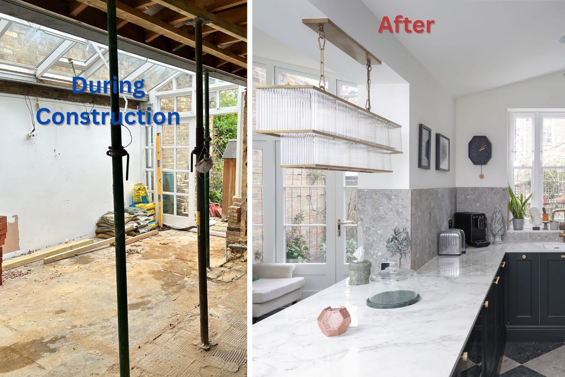 Before and after kitchen extension in London showing improved layout and open-plan space