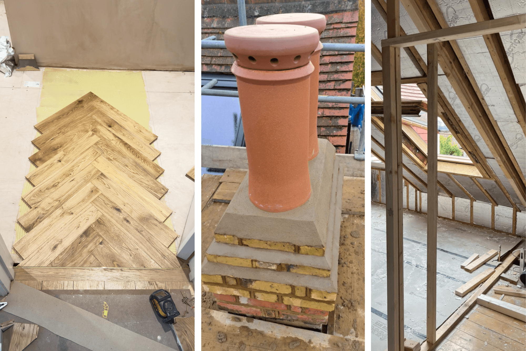Construction work in progress in London showing chimney works, herringbone flooring and a loft conversion