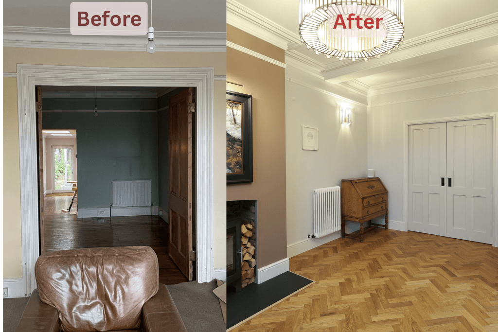 Before and after luxury lounge renovation in Blackheath SE3 with bespoke finishes and fireplace