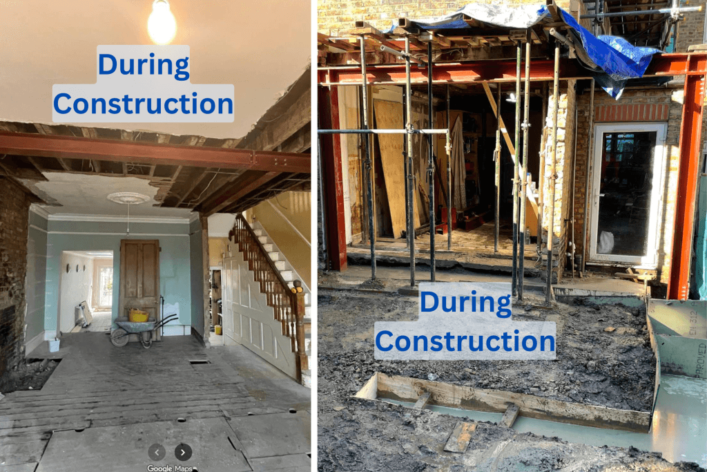 Structural steel installation used to open up the ground floor and support the wrap-around extension in our Blackheath SE3 renovation project
