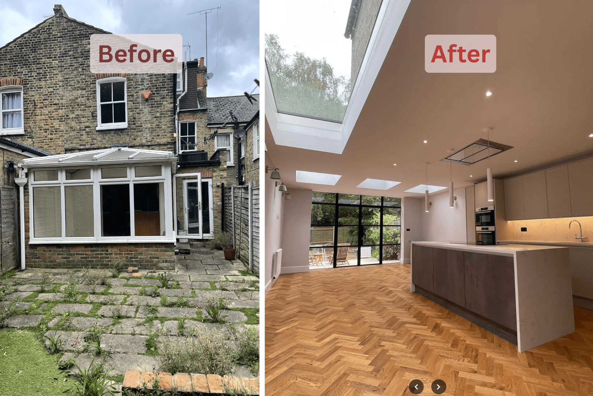 Before and after rear view showing the original conservatory and completed wrap-around extension in Blackheath SE3