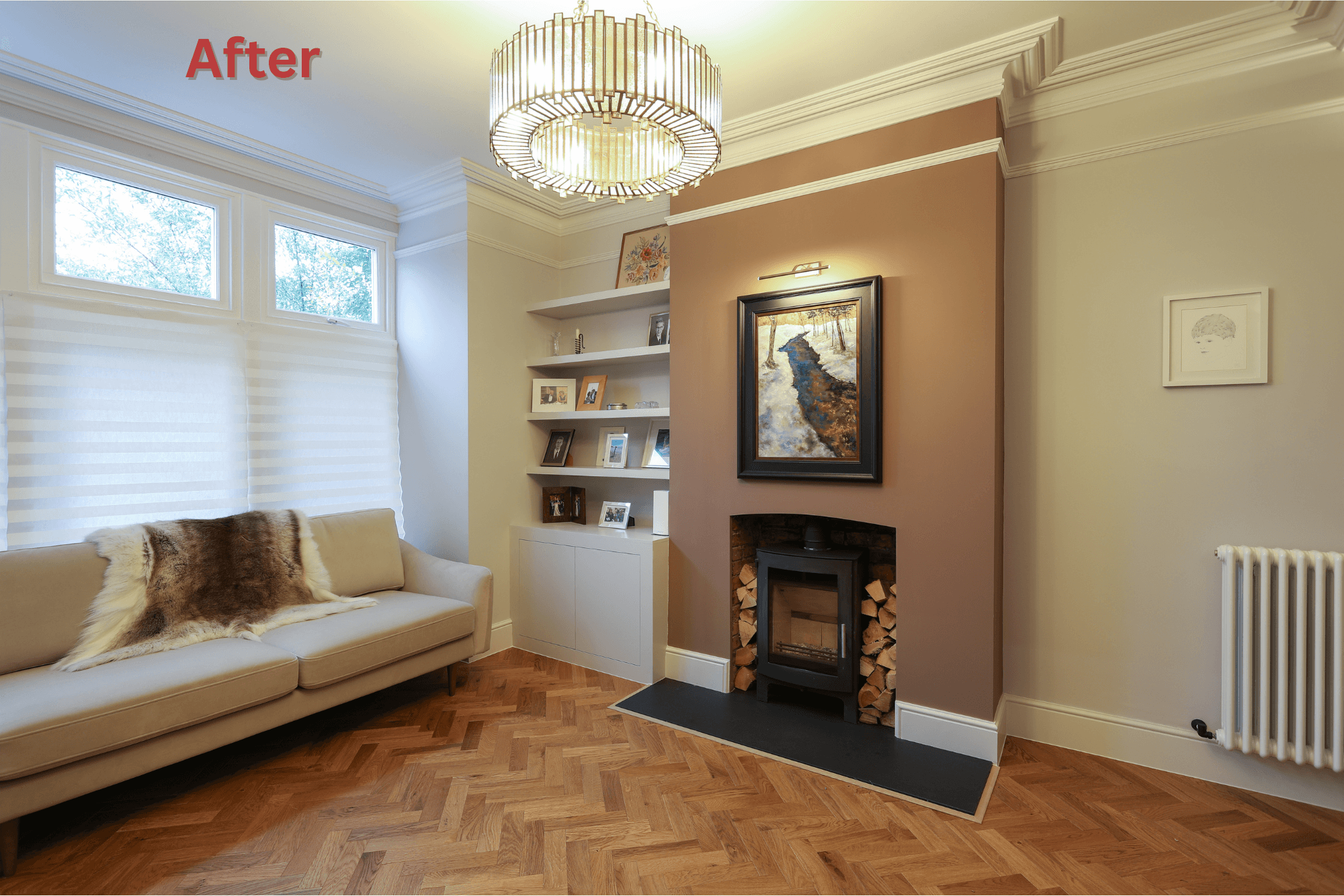 Luxury lounge in a Blackheath SE3 home renovation with fireplace and bespoke finishes